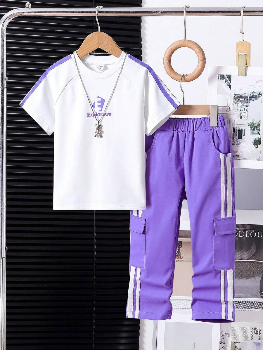 SHEIN 2 件套年轻女孩字母印花短袖上衣和工装裤 - 彩色 - 查看 1