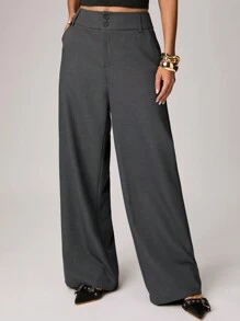 Forever 21 春季新款双腰带直筒宽松女士休闲裤 - 灰色 - 查看 5