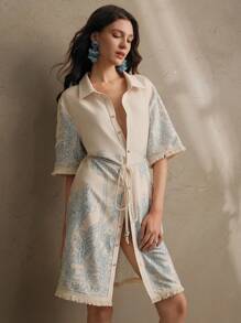 Anewsta Hollow Out Embroidery Lapel Single-Breasted Tie-Waist Shirt Dress, Elegant For Vacation, Beach, Spring/Summer