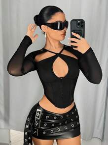 SHEIN ICON Fashionable Sexy Long Sleeve Mesh Panel Cut-Out Cold Shoulder Crop Top Spring Outfits For Women Summer Concert Outfit Women Easter Women St Patrick Day Outfit