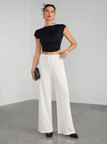 SHEIN Tall Soft White Knitted Waffle Lounge Lounge Pants, Loose Wide Leg Pants - White - View 5