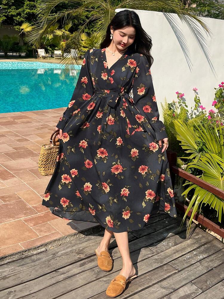 Women's Floral Print Long Sleeve Elegant Mid-Length Dress, Suitable For Vacation,Fall Dress Maxi Dress Boho