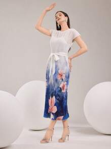 Modelyn Damen Blumen-Druckkleid mit rundem Ausschnitt und Kurzarm, elegantes langes Kleid - Blau - Übersicht 2
