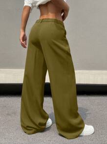 SHEIN EZwear Quần ống rộng cạp trễ màu trơn đơn giản dành cho nữ - xanh quân đội - Xem 2