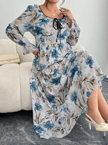 Modelyn Vestido de manga larga con estampado floral vintage de gasa con nudo delantero para mujer de talla grande - Azul - Ver 1