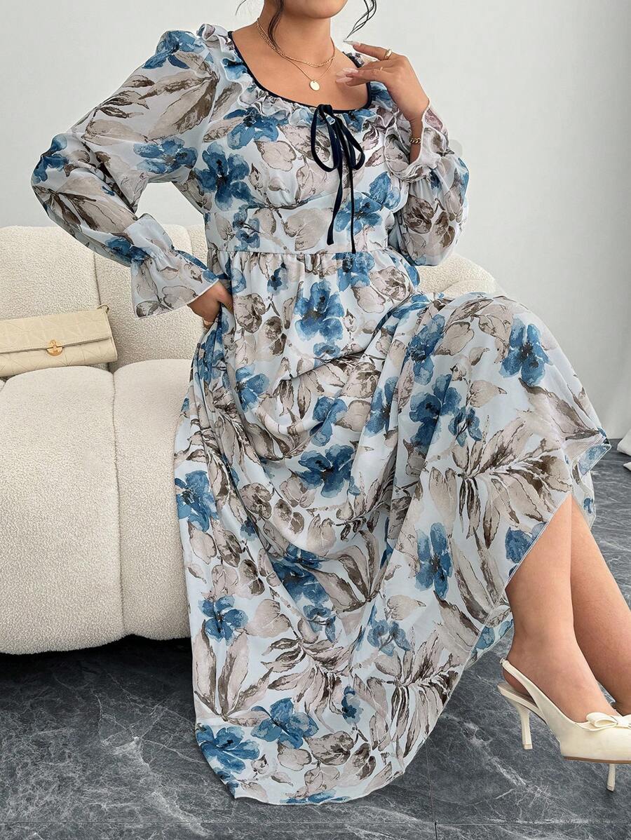 Modelyn 大码女式前系带长袖复古雪纺花卉印花连衣裙 - 藍色 - 查看 1