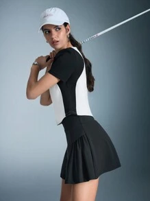 Women Contrast Color Short Sleeve Top And Mini Skirt Outdoor Suit