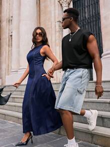 Forever 21 春季简约复古高端街头女式无袖 A 字裙 - 深色水洗藍 - 查看 4