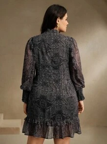 Anewsta 女式大码编织金银丝透视雪纺时尚印花袖领荷叶边黑色优雅长袖连衣裙波西米亚风，女士春季服装 - 黑色 - 查看 4