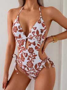 Swim Lushoire 女士夏季海滩度假花卉印花镂空性感吊带连体泳衣 - 棕色 - 查看 3