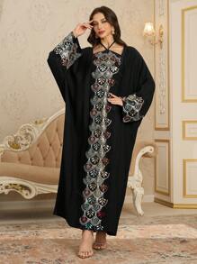 Layrah Women's Elegant Sequined Embroidered Batwing Sleeve Turkish Maxi Dress, Kaftan & Jalabiya, Luxury Evening Dresses For Women - Burgundy - View 5