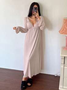 DAZY Bowknot Decor Cinched Waist Ruffle Hem Sleepwear Dress, Fall Pajama, Winter - Mauve Purple - View 4