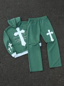 Manfinity EMRG Men's Slogan Cross Print Hooded Sweatshirt And Pants Set - Green - View 2