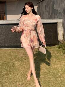 DAZY 女士碎花灯笼袖收腰连体裤，优雅假日夏季女式连体裤度假装 - 粉色 - 查看 7