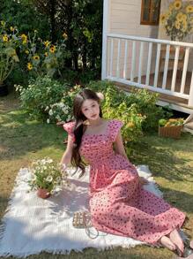 DAZY Robe mi-longue à manches courtes avec imprimé floral, style coréen pour femmes. Robe de vacances style "milkmaid" pour femmes, tenue de Pâques - Rose bonbon - Voir 3