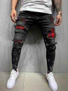ROMWE MEN Grunge Punk Men Cotton Contrast Plaid Ripped Jeans, School