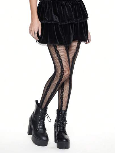 Grunge Punk 1 par de calcetines de mujer con rayas verticales, ribete de encaje estilo rejilla, versátiles y elegantes, para todo el año