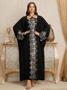 Layrah Women's Elegant Sequined Embroidered Batwing Sleeve Turkish Maxi Dress, Kaftan & Jalabiya, Luxury Evening Dresses For Women - Burgundy - View 4