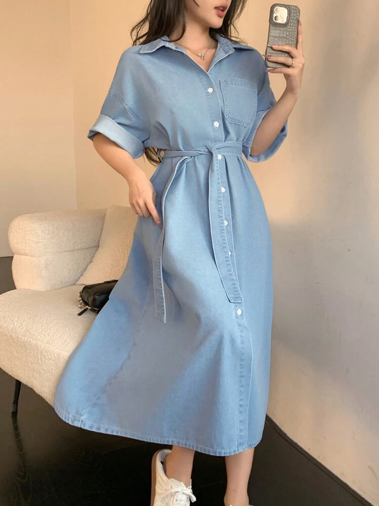Women's Short Sleeve Single-Breasted Pocket Casual Denim Dress - Blue - View 8
