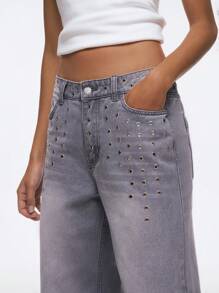 Easelle Jeans rectos de pierna casual con efecto desgastado y calado - Gris - Ver 4