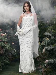 SHEIN Belle 女士水钻花卉吊带连衣裙，适合婚礼和其他服装 - 白色 - 查看 1