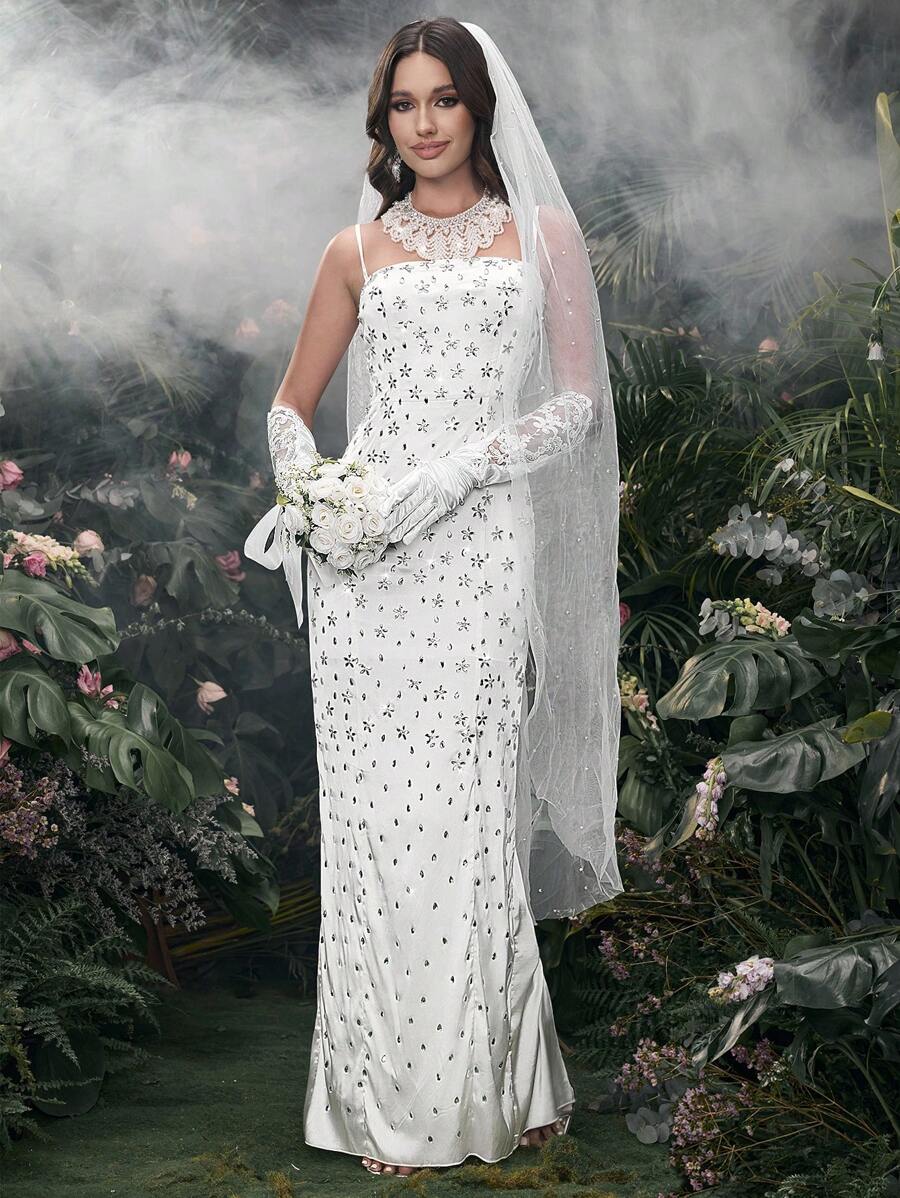 SHEIN Belle 女士水钻花卉吊带连衣裙，适合婚礼和其他服装 - 白色 - 查看 1