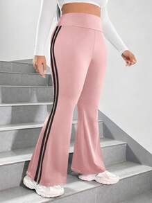 SHEIN EZwear Plus Size Casual Minimalist Colorblock Striped Slim Flare Pants - Baby Pink - View 5