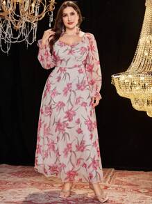 Modelyn Plus Size Women Lantern Sleeve Pleated Wrap Chest Elastic Waist Gathered Elegant Romantic Floral Print Chiffon Dress, Spring And Summer - Multicolor - View 3