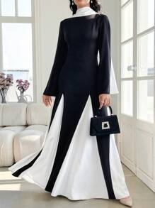 Modelyn 女士优雅撞色喇叭袖长裙 - 黑與白 - 查看 5