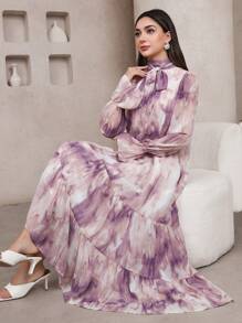 Veilorie Women's Elegant Tie-Dye Flare Sleeve Arabic Style Dress,Modest - Multicolor - View 5