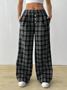 Comfortcana Women's Button-Decorated Plaid Loose Wide-Leg Pants - Black - View 5