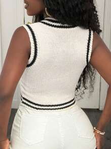 BamGleam Knitted Sleeveless Cropped Women's Sweater Vest, Standing Collar And Black And White Striped Women's Top With Diamond Zipper, Casual And Sexy Spring And Summer Women's Clothing That Meets Basic Travel Needs