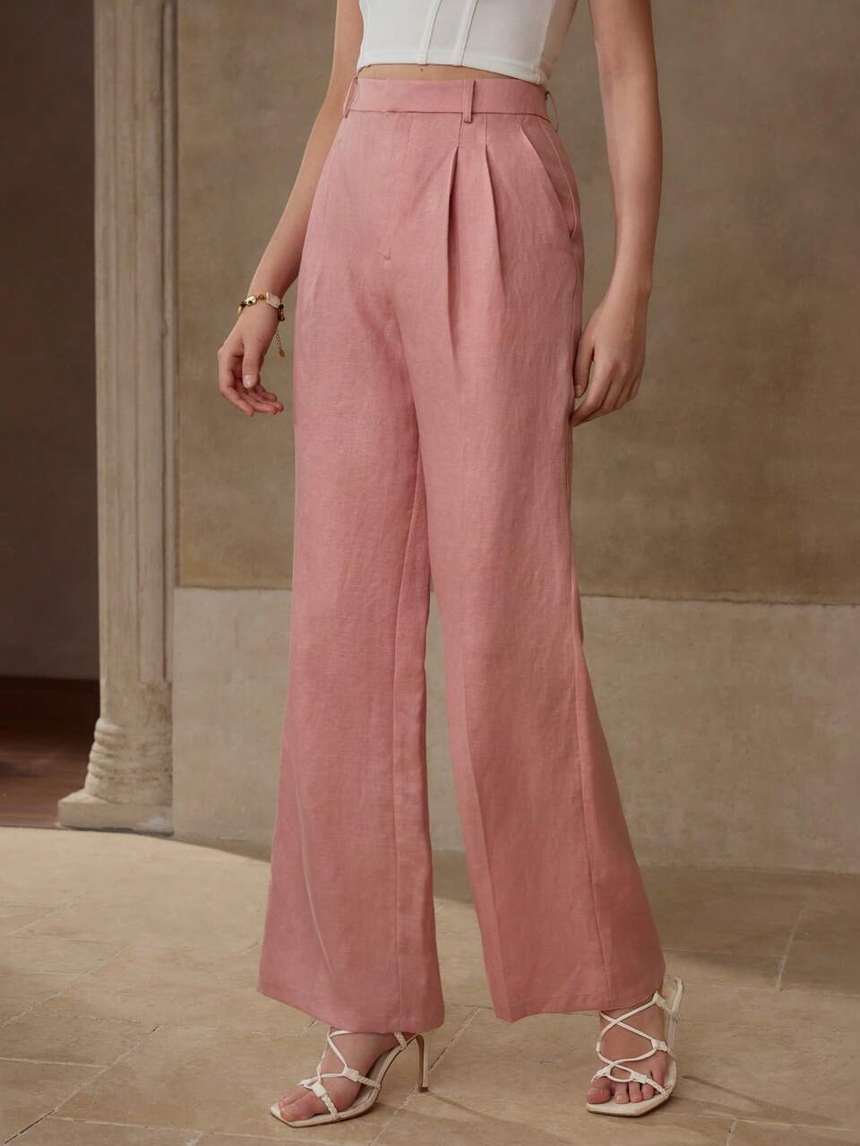 LINEN PRESS CREASE WIDE LEG SUIT PANTS