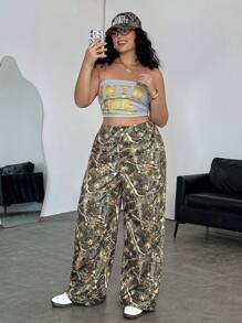 SHEIN EZwear Plus Size Women's Branch Print Pocket Loose Casual Pants Summer,Vacation Woman,Easter,Spring,Western,Office For Women,Rave,Baby Shower,Cottagecore,Country Women,Old Money Style Women,Going Out,Festival,Rodeo,Airport For Women,Kpop,Tropical Vacation Woman,Nashville,European Summer,Concert,Cowgirl,Graduation Gyaru,Hippie,Grunge,Flowy Pants Baggy Jeans Baggy Pants