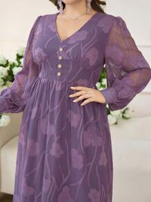 Modelyn Simple Romantic Chiffon Cut-Out V-Neck Lantern Sleeve A-Line Plus Size Casual Dress For Spring/Summer - Purple - View 6
