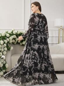 Modelyn Plus Size Women's Fashionable & Elegant Printed Waist-Cinched Flared Dress Fall Cloth For Women - Black - View 2
