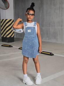 SHEIN Tween 女孩字母拼贴细节连体连衣裙（不含 T 恤）、女孩服装、返校街头服装