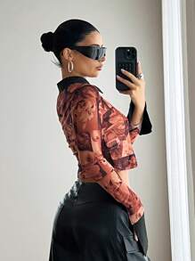 EgrlEra Camisa de mujer con cuello con botones y estampado de patrones