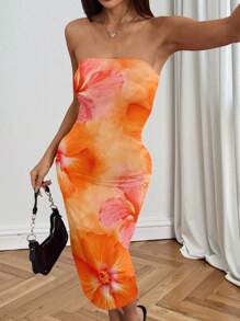 INAWLY 芙蓉花印花管紧身连衣裙，适合假期穿着，优雅的夏威夷夜露背夏季连衣裙