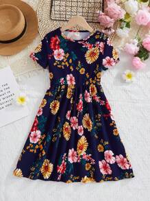 SHEIN Leap Crew SLAYR KIDS Young Girls' Casual Fashion Knitted Printed Round Neck Short Sleeve Mini Dress - Multicolor - View 7