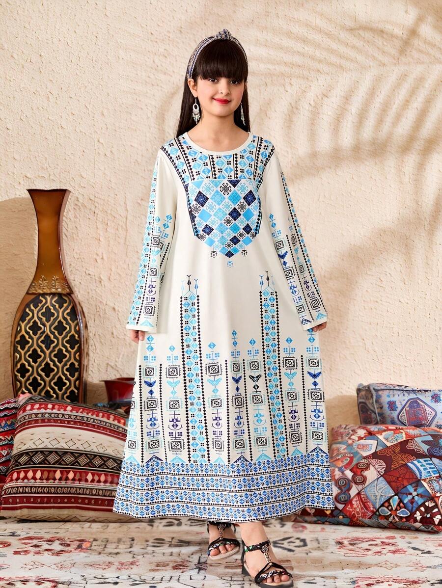 Tween Girls Printed Pattern Detailed Long Dress - Multicolor - View 1