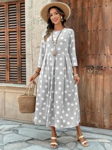 EMERY ROSE 女士圆点印花圆领 3/4 袖口袋连衣裙 - 灰色 - 查看 4