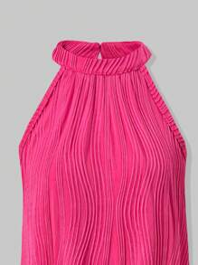 SHEIN Explorewe Teen Girls Magenta Textured Fabric Elegant & Halter Neck A-Line Dress, Suitable For Wedding, Wedding Guest, Flower Girl - Hot Pink - View 5