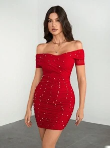 SHEIN Tall 露肩串珠装饰紧身迷你连衣裙，优雅派对装 - 紅色 - 查看 1