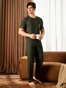 Manfinity Underwear&Sleepwear Basics 男士字母印花短袖睡衣套装 - 軍綠色 - 查看 3
