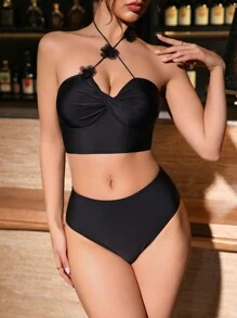 SHEIN Swim Women's Black 3D Floral Decor Halter Top With Mid-Waist Bottom Bikini Set, For Summer Beach Vacation - Black - View 3