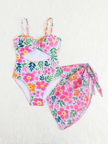 Tween Girl 度假植物印花镂空细肩带连体泳衣带罩衫裙套装，海滩装 - 彩色 - 查看 2