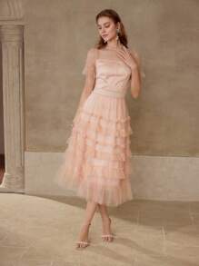 MOTF PREMIUM 对比色网布分层连衣裙 - 藕粉色 - 查看 6