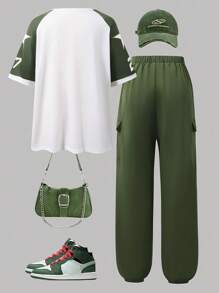 2pcs/Set Tween Girl Street Fashion Athletic Jersey With Number Print Raglan Sleeve Oversized T-Shirt And Solid Color Cargo Pants Set