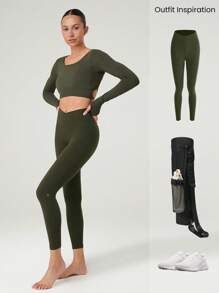 GLOWMODE Seamless Fitted Long Sleeve Crop Tee With Lace-Up Back Light Support Low Impact Yoga Pilates Daily Spring Summer - Mistle Toned - View 7